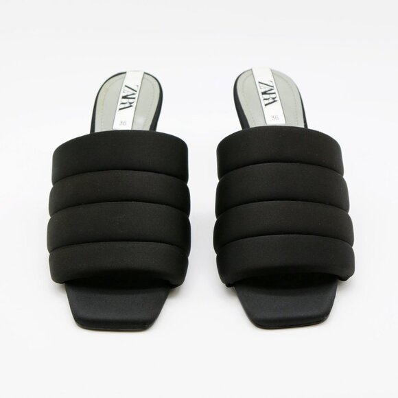 Zara Padded Quilted Slip On Slide Heel Mules Sandals 36 Black Square Toe Comfy - Picture 6 of 16